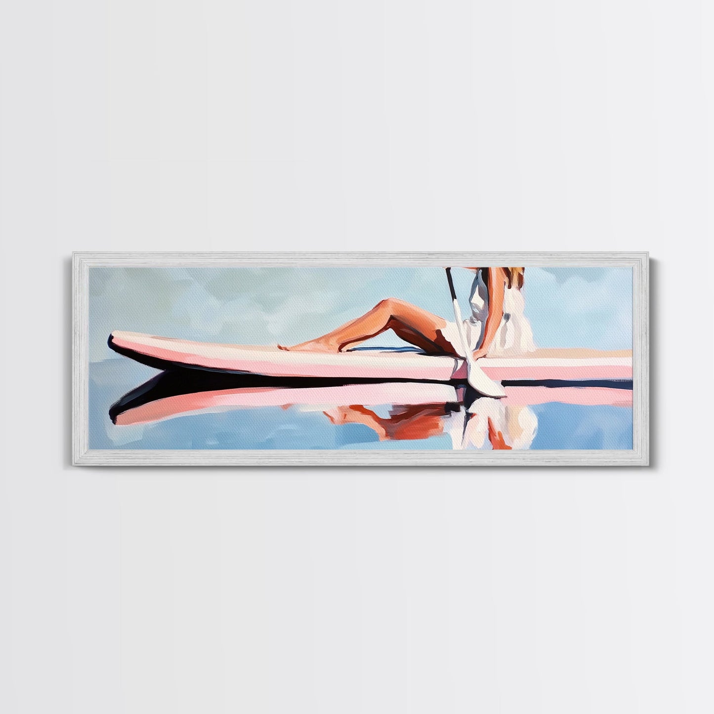 Paddleboard Reflection, Tranquil Water, Minimalist Art, Canvas Print, Serene Wall Decor, Coastal Aesthetic, Soft Pastel Home Decor